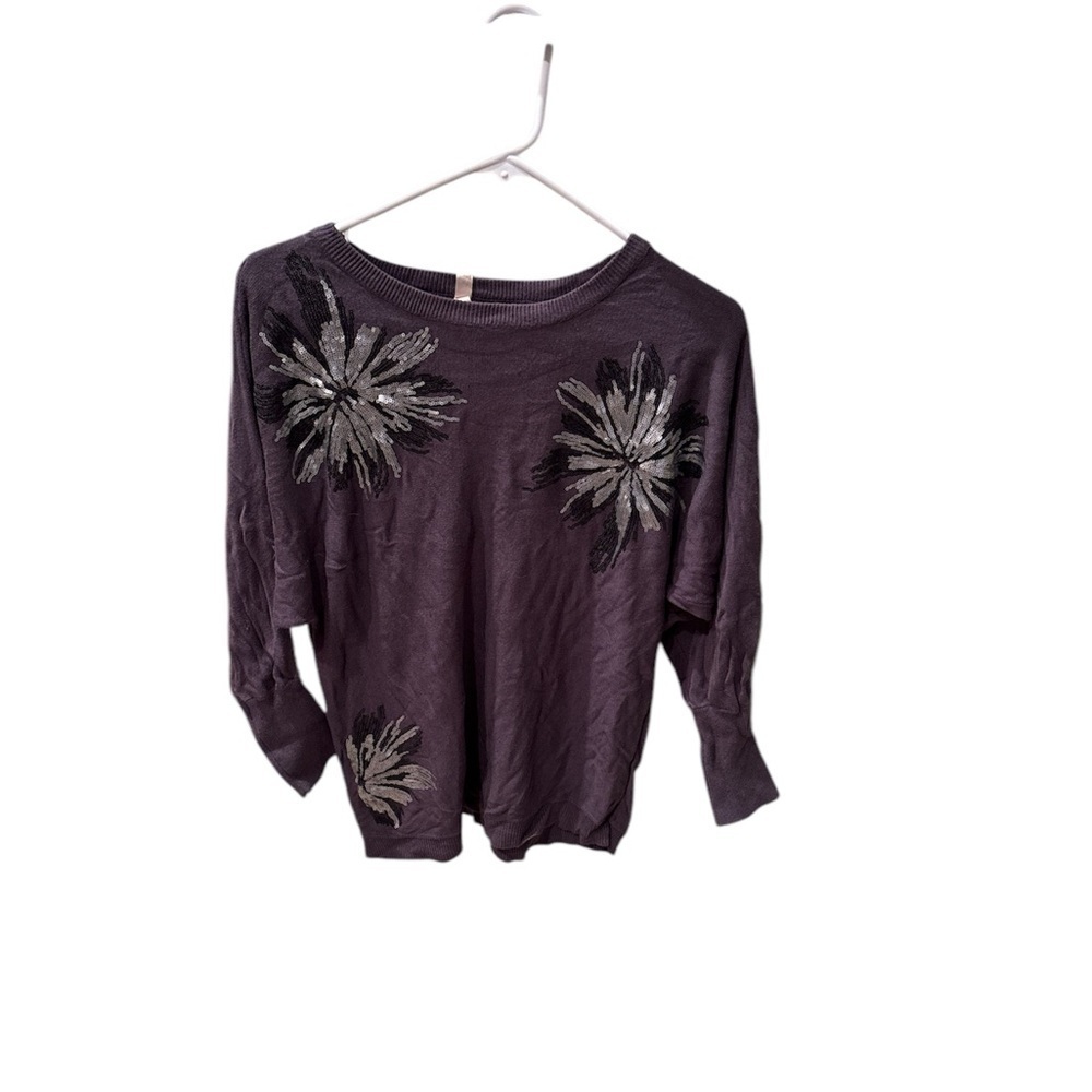 Hem and Thread woman's dark purple sweater with flower designs on it
